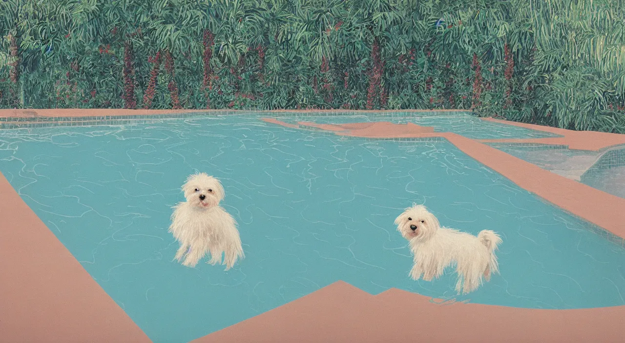 Prompt: a cream colored havanese dog swimming in a swimming pool at a mid century modern house in palm springs by david hockney