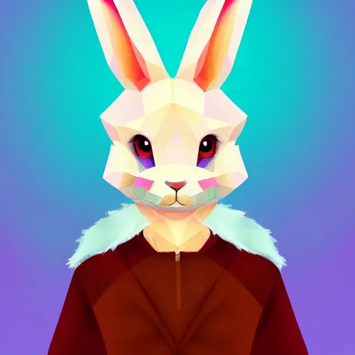 Image similar to aesthetic rabbit fursona portrait, commission of a anthropomorphic rabbit on fire, fursona wearing stylish clothes, winter armosphere, pastel simple art, low poly