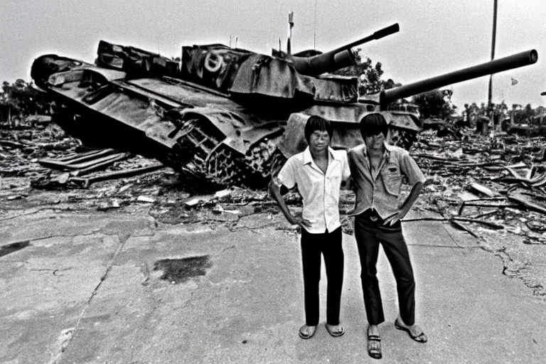 Image similar to a photo of a two mans posing in front of tank in destroyed vietnamese city, us journalism ministry photo, 1 9 6 9, fim still