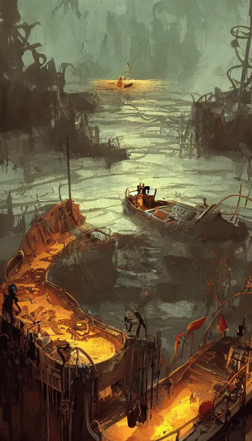 Prompt: man on boat crossing a body of water in hell with creatures in the water, sea of souls, by ian mcque