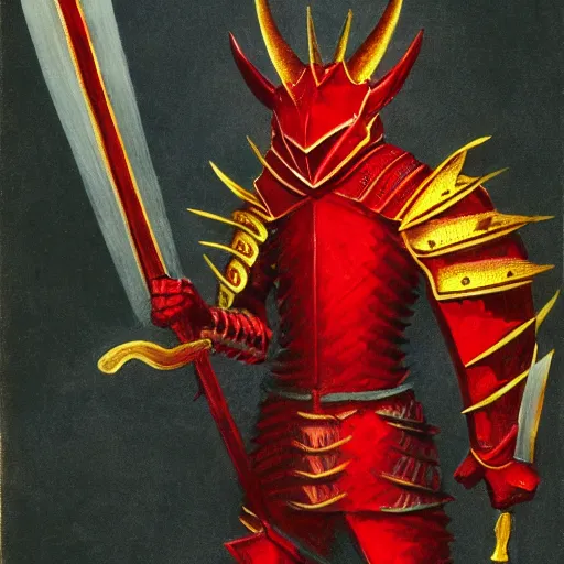 Image similar to a knight wearing full red armor, in the style of a dragon, spikes, wielding a whip,