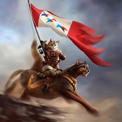 Prompt: a warrior cat carrying his battle flag while riding a larger cat steed that is galloping into battle
