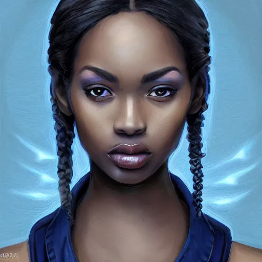 Image similar to portrait of a beautiful woman in an office, dark blue clothes, black hair, dark skin, d & d, high fantasy, deep focus, intricate, elegant, highly detailed, digital painting, sharp focus dynamic pose, ultra realistic illustration