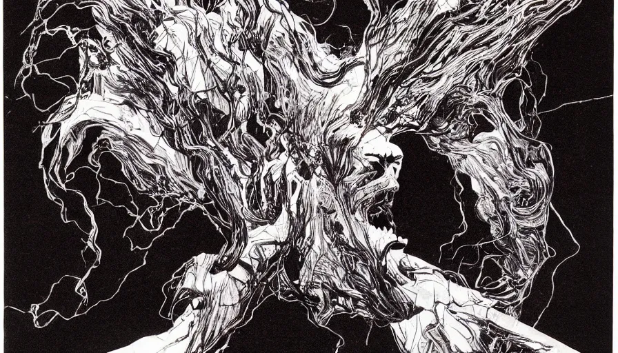 Image similar to bernie wrightson phantom spirit aerial abstract horror shape kinetic aesthetic optical illusion