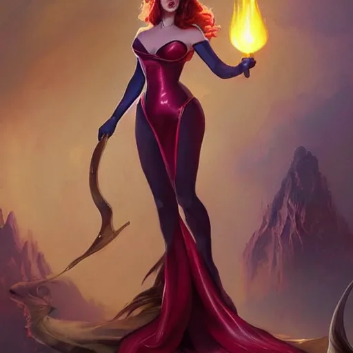 Image similar to emma watson dressed as jessica rabbit holding a glowing wand in one hand and a large leather bound book, fantasy, intricate, elegant, highly detailed, digital painting, artstation, concept art, matte, sharp focus, illustration, in the style of magic the gathering, art by artgerm and greg rutkowski and alphonse mucha