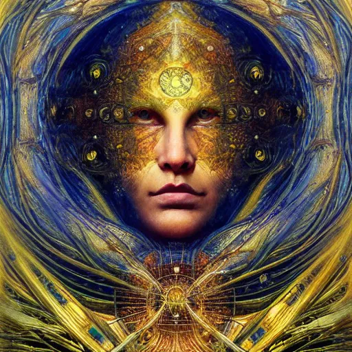 Image similar to Divine Chaos Engine portrait by Karol Bak, Jean Deville, Gustav Klimt, and Vincent Van Gogh, celestial, sacred geometry, visionary, mystic, fractal structures, ornate realistic gilded medieval icon, spirals