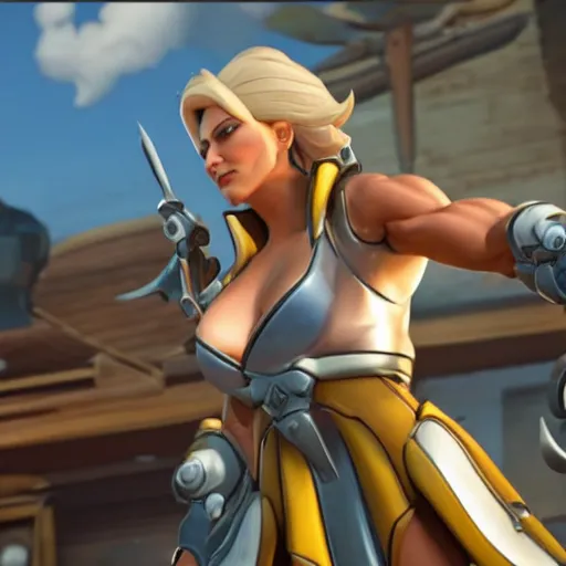 Image similar to a screenshot of arnold schwarzenegger as mercy in overwatch, full body shot