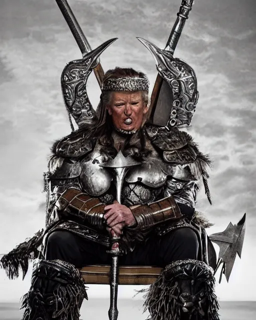 Image similar to donald trump as king conan, directed by john millius, photorealistic, sitting on a metal throne, wearing ancient cimmerian armor, a battle axe to his side, he has a beard and graying hair, cinematic photoshoot in the style of annie leibovitz, studio lighting