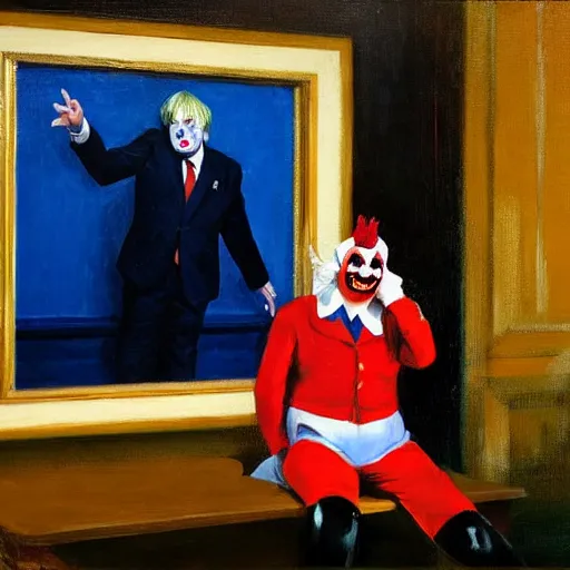 Image similar to a highly detailed fine art portrait of british prime minister boris john wearing a clown costume. in the style of edward hopper, richard hamilton.