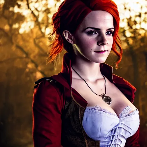 Image similar to Triss Merigold cosplay by Emma Watson, seductive gaze, 8k, professional photography, cinematic studio shot, dark, smoke