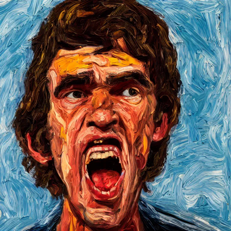 Prompt: warmly lit close up studio portrait of young angry! screaming George Harrison in 1965 furious!, impasto oil painting thick brushstrokes by Lucian Freud and Cy Twombly and Tim Hawkinson , trending on artstation dramatic lighting Expressionism