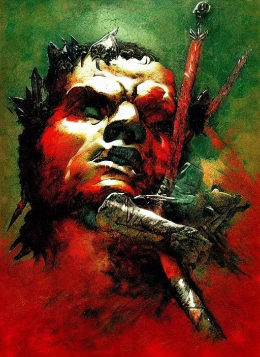 Prompt: portrait of barbarian on mountain, coherent! by mariusz lewandowski, by frank frazetta, deep color, strong line, red green black teal, minimalismhigh contrast