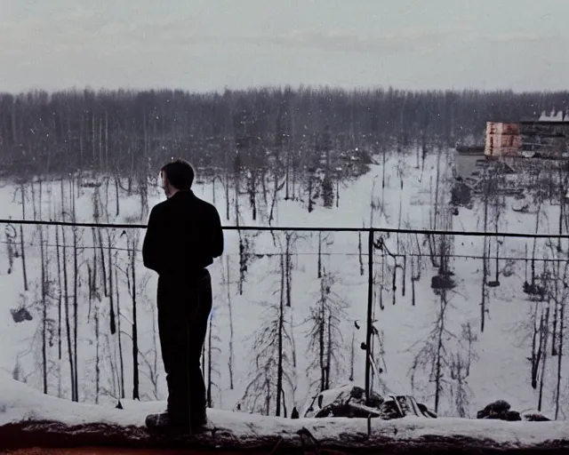 Image similar to award - winning lomographic tarkovsky film still of 4 0 years russian man with beard and sweater standing on small hrushevka 9 th floor balcony in taiga looking at sunset, cinestill, bokeh