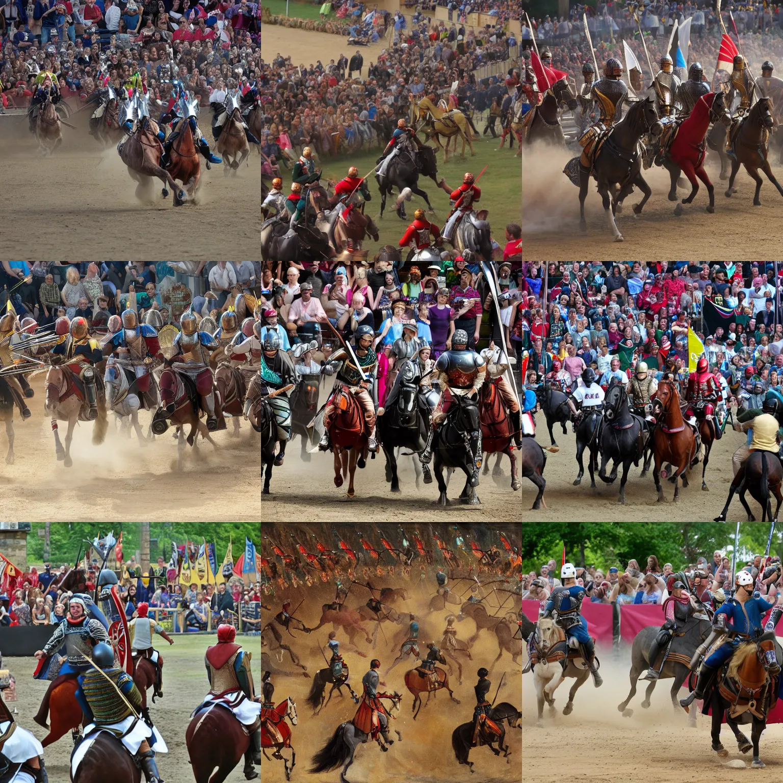 Prompt: jousting, riders, lances, crowd, dramatic