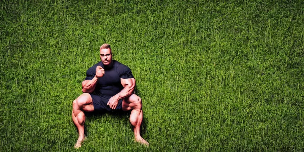 Prompt: A bodybuilder sitting in green grass field of switzerland, stunning beauty