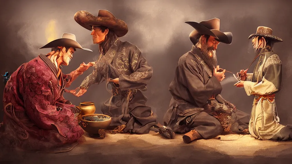 Image similar to Tea ceremony between a Western cowboy and a dragon, high fantasy concept art by Mark Winters