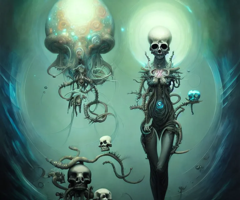 Image similar to mix media, biomecanical cyber alian of the whiched,, artwork by charlie bowater and tom bagshaw, insanely detailed, artstation, psychedelic art. atoms surrounded by skulls and spirits deep under the sea, horror, sci - fi, surrealist painting, by peter mohrbacher anato finnstark