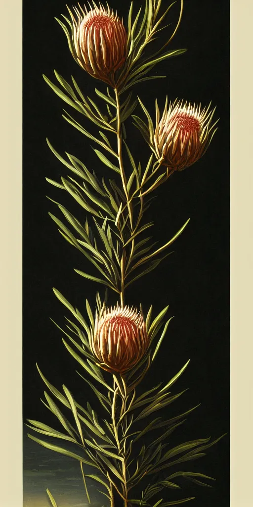 Image similar to tall king proteas against a black backdrop by martin johnson heade, detailed brush strokes, artstation