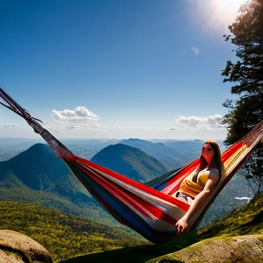 Image similar to relaxing in a hammock on top of a mountain, amazing views, award winning photography, highly detailed