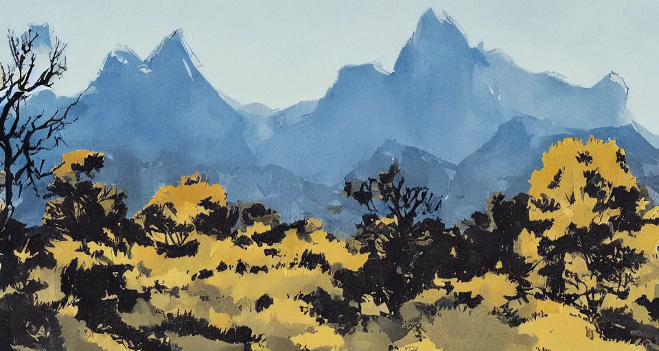 Image similar to a beautiful landscape with trees and mountains, by ashley wood