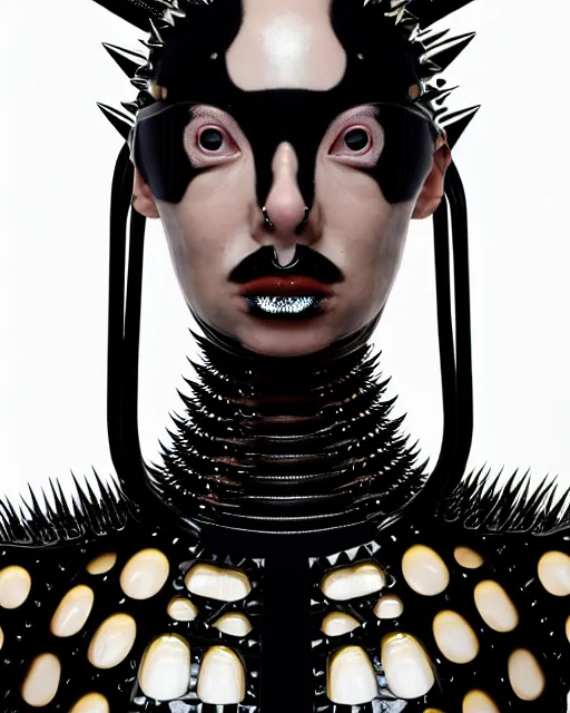 Prompt: symmetrical portrait of a biomechanical cyborg wearing a silicone steel spikes studded iridescent beauty mask and neon hair buns, wearing a black bodysuit by iris van herpen, cream white background, soft diffused light, biotechnology, humanoid robot, bjork aesthetic, translucent, by rineke dijkstra, intricate details, highly detailed, masterpiece,