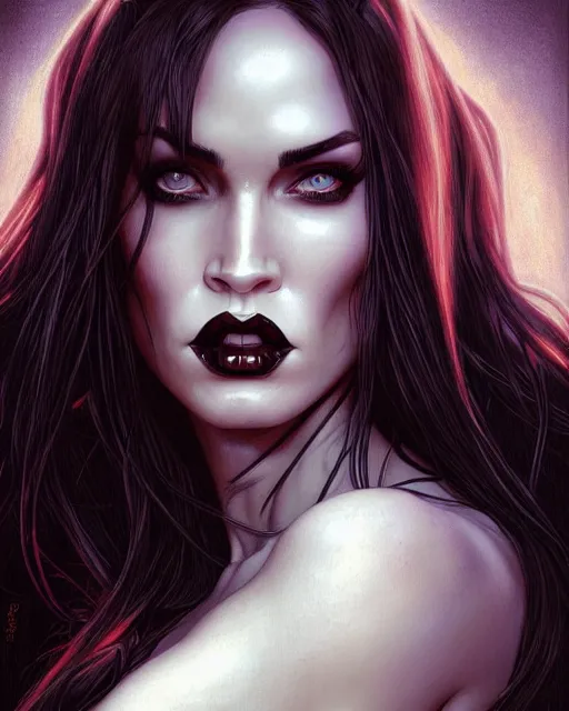 Image similar to portrait of megan fox as lady death, albino, chaos comics, coffin comics, hell, intricate, headshot, highly detailed, digital painting, artstation, concept art, sharp focus, cinematic lighting, illustration, art by artgerm and greg rutkowski, alphonse mucha, cgsociety