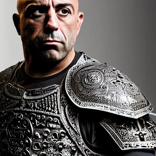Image similar to joe rogan wearing knight armor, hyper realistic, close up, symmetrical, 4 k, highly ornate intricate details,