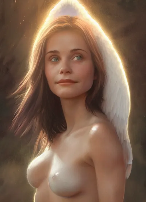 Image similar to cute young courtney cox as a heavenly plump angel, anatomy, bathed in light, highly detailed, photorealistic, artstation, smooth, sharp focus, illustration, unreal engine 5, 8 k, art by artgerm and greg rutkowski and edgar maxence