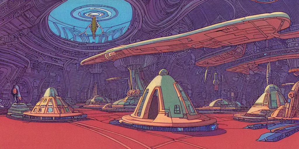 Prompt: cel shaded cinematic shot of the interior of a sci-fi space station with ornate Elven architecture bustling with various intelligent alien species, epic castle, emerald, crystalline, detailed illustration, sharp focus, crisp lines, art by Moebius, Jean Giraud Moebius comic illustration