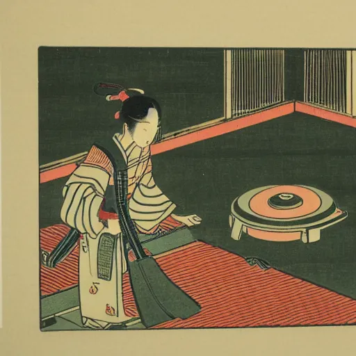 Image similar to japanese woodblock print of a vacuum cleaner