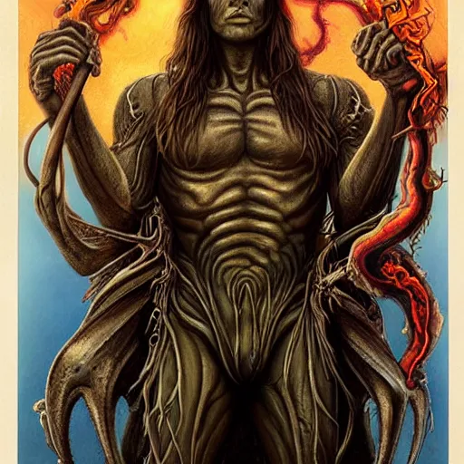 Prompt: giger doom demon portrait of a handsome satanic brown haired hippie with long hair and blue eyes, fire and flame, Pixar style, nightmare fuel, by Tristan Eaton Stanley Artgerm and Tom Bagshaw.