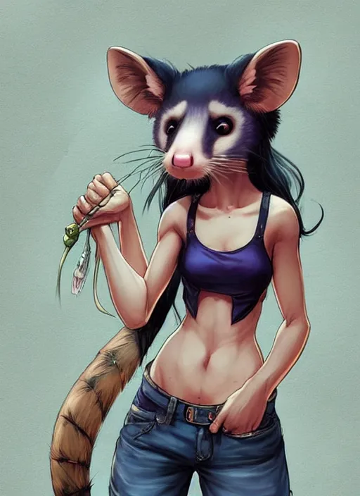 Image similar to character portrait of a female anthro opossum fursona wearing a tanktop and shorts with arm tattoos. Character design by charlie bowater, ross tran, artgerm, and makoto shinkai, detailed, inked, western comic book art