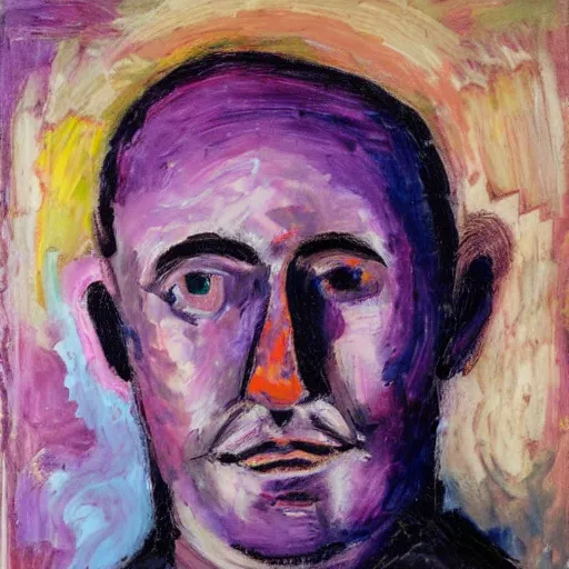 Image similar to an expressionism face portrait of a man used with Impasto, dark blues purples and pinks, detailed