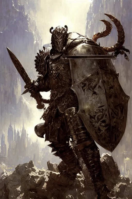 Image similar to giant hulking heavily armoured fantasy warrior with a lion head hood with a backpack full of swords and axes, portrait dnd, painting by gaston bussiere, craig mullins, greg rutkowski, yoji shinkawa