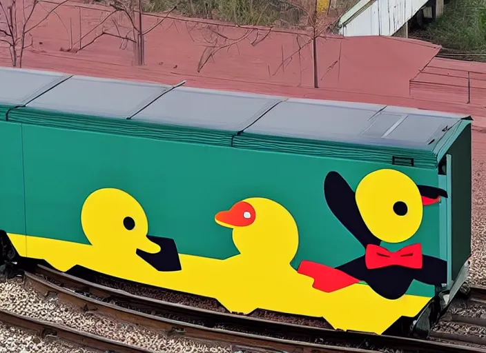 Prompt: The duck emoji spray-painted on the side of a train car, award winning photo, 8k