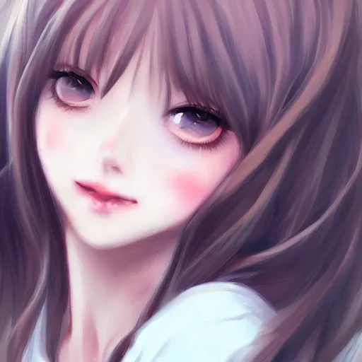 Prompt: cute girl smiling blushing kawaii lovely art drawn in art style of WLOP full HD 4K highest quality realistic beautiful gorgeous natural WLOP artist painting