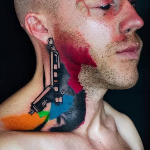 Prompt: portrait photo of man with a face tattoo of a 3 dimensional hole in the skin with multicolored tubes and robotic mechanics inside under the skin, insanely integrate,