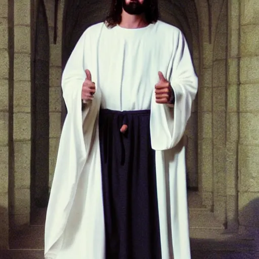 Prompt: cool Jesus giving you thumbs up, wearing white robes and shades