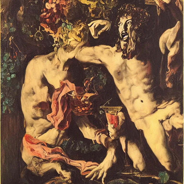 Image similar to Dionysus, greek god of wine, drinks to forget by Francis Bacon