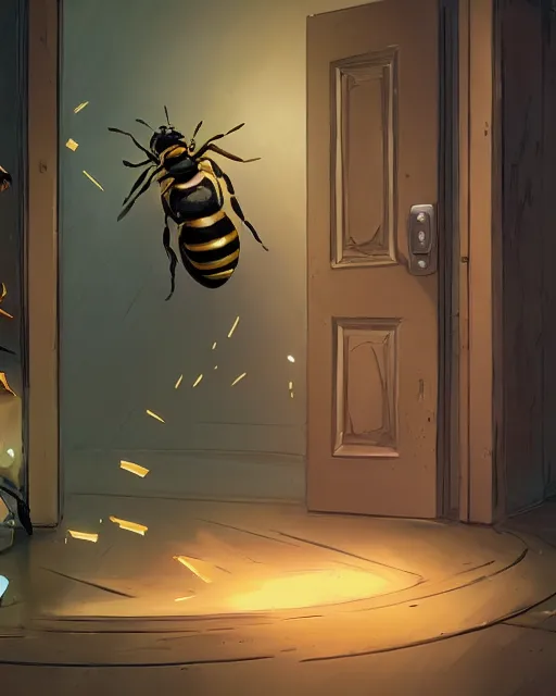 Image similar to a humanoid bee standing in his home in front of the door behance hd artstation by jesper ejsing, by rhads, makoto shinkai and lois van baarle, ilya kuvshinov, ossdraws, that looks like it is from borderlands and by feng zhu and loish and laurie greasley, victo ngai, andreas rocha