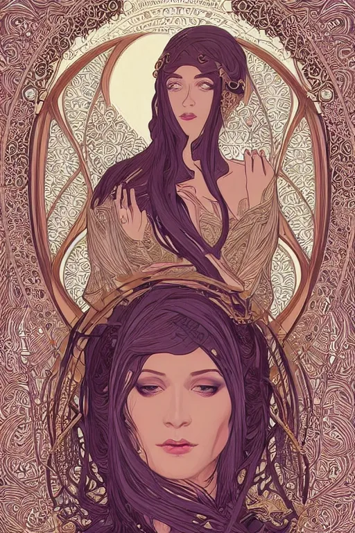 Image similar to high priestess, intricate, elegant, highly detailed, concept art, sharp focus, beautiful face!!, digital art, smooth defined outlines!!, human anatomy, human structure, vector background, art nouveau vector background, by Brom, trending on Artstation, Alphonse Mucha, Tom Bagshaw, Sargent