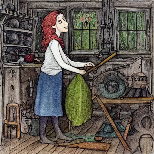 Image similar to the blacksmits’ daughter, working in the forge, a smile at her face, fantasy art in the style of Elsa Beskow,