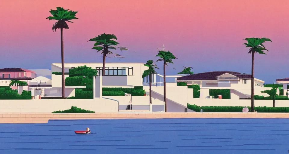 Prompt: modern villa, italian seaside, hiroshi nagai