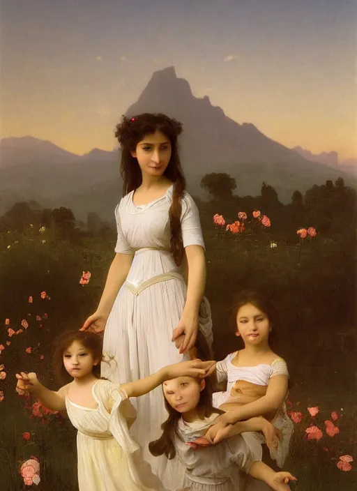 Image similar to oil painting portrait of a family one with long flowing hair in a white dress, dancing through a field of flowers at sunset with mountains in the background, hazy, chiaroscuro, artstation, cinematic, golden hour, digital art painting by diego velasquez, - adolphe bouguereau, hazy atmosphere, flowers, cinematic lighting