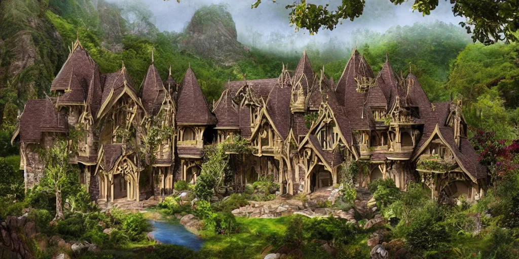 Image similar to residence in the style of rivendell