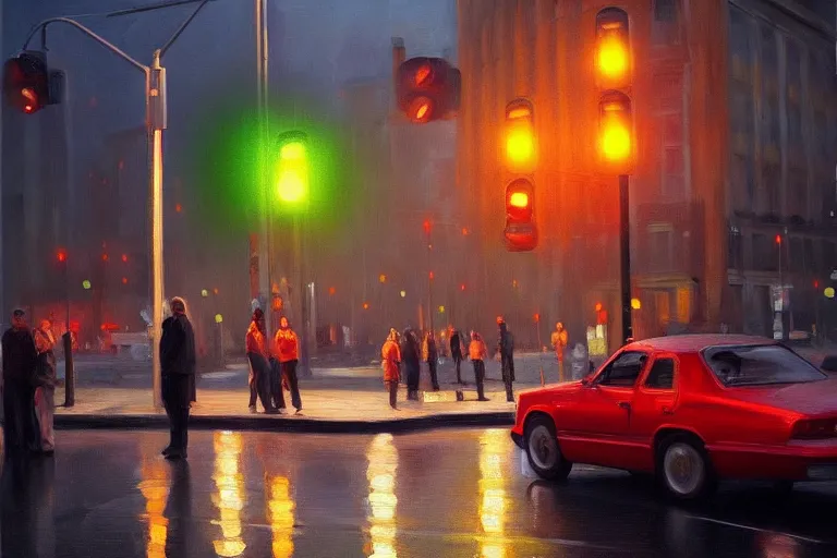 Image similar to ( ( a beautiful 8 k photorealistic masterpiece oil painting ) ( of ( traffic lights guiding people's behaviour ) ) ( hyperrealism ) ( 1 6 k ) ( trending on artstation )