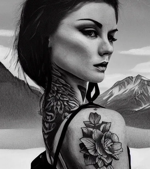 Prompt: tattoo design of beautiful woman portrait against a background of beautiful mountains and nature, in the style of den yakovlev, black and white, hyper realistic, highly detailed