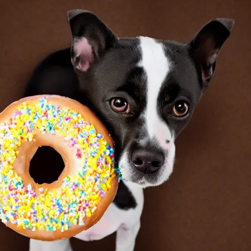 Image similar to a dog staring at a giant donut. 8k photo, hyperdetailed.