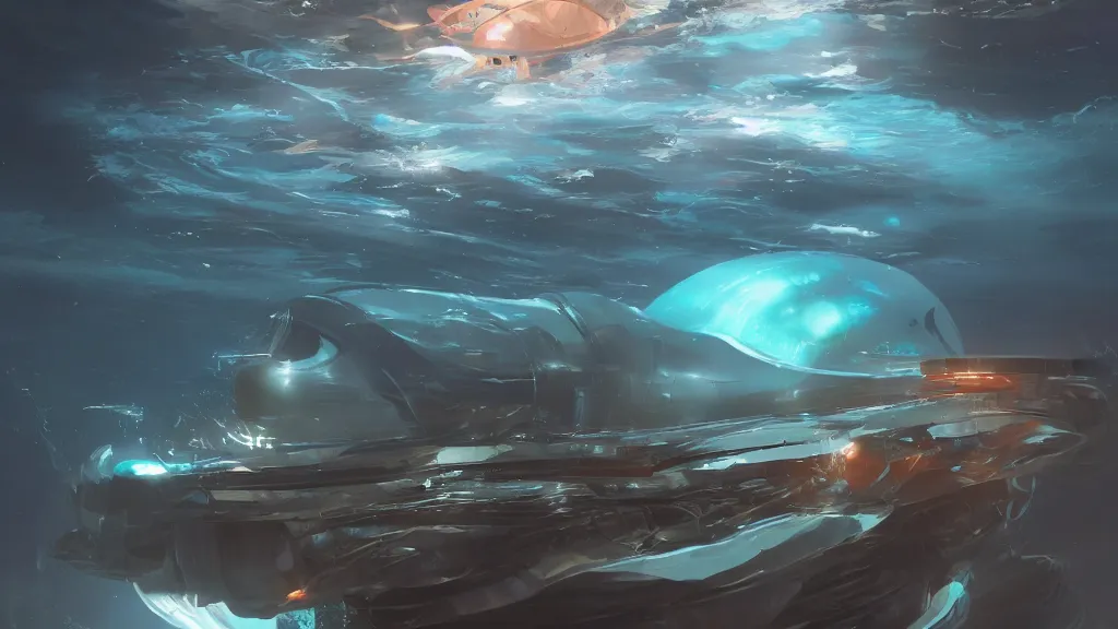 Prompt: a futuristic submarine is exploring the depths of sea, filled with bioluminescent fish, dramatic lighting, dynamic lighting, cinematic lighting, by makoto makoto, krenz cushart and artgerm, anime, featured on artstation, ultrawide angle