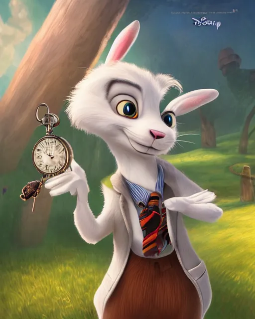 Prompt: portrait of a smiling white rabbit from alice in wonderland, zootopia movie style, looking at his pocket watch, digital art, 4k, award winning